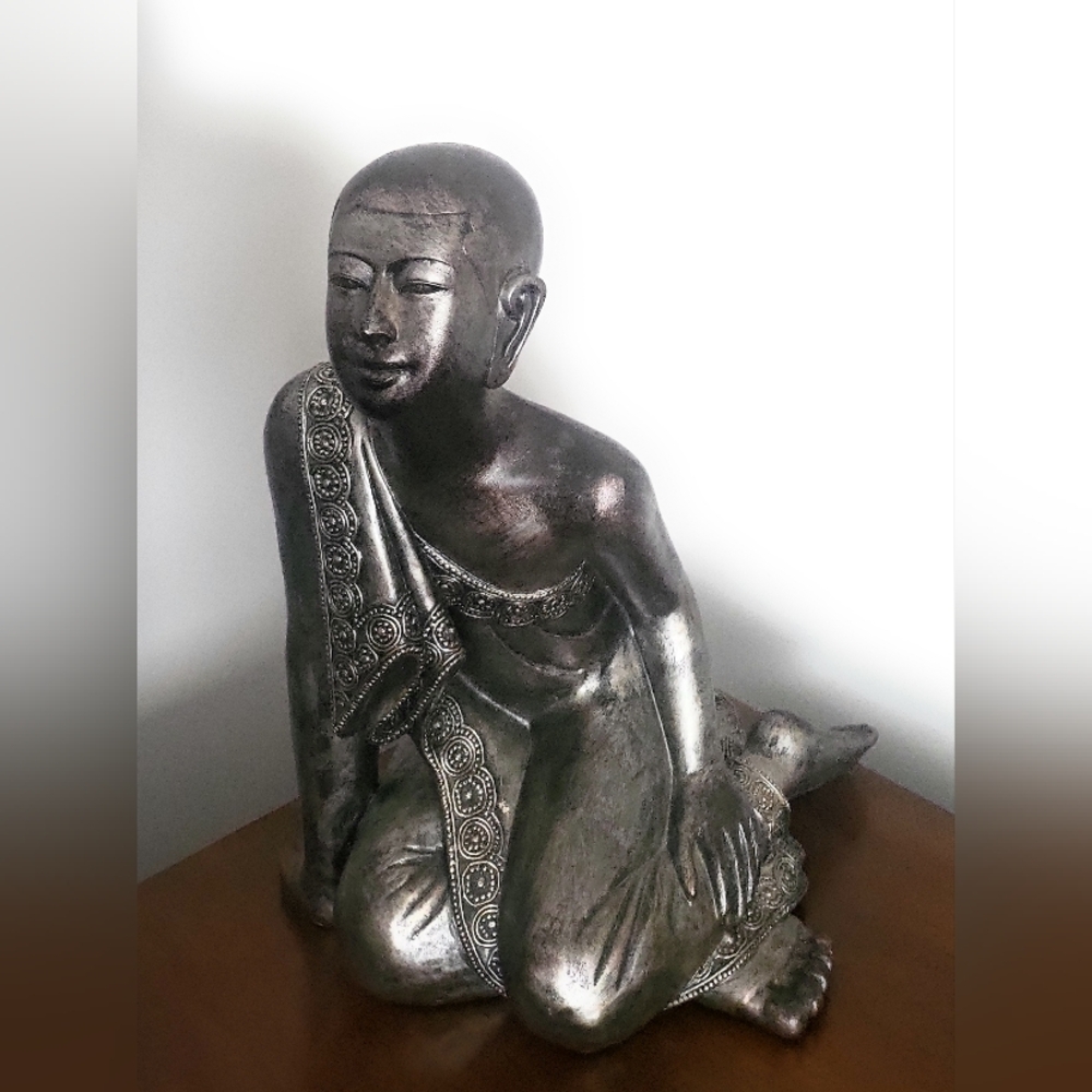 Tranquil Silver Seated Ananada Buddhist Sculpture. 16 Inches. Sia Home Fashion